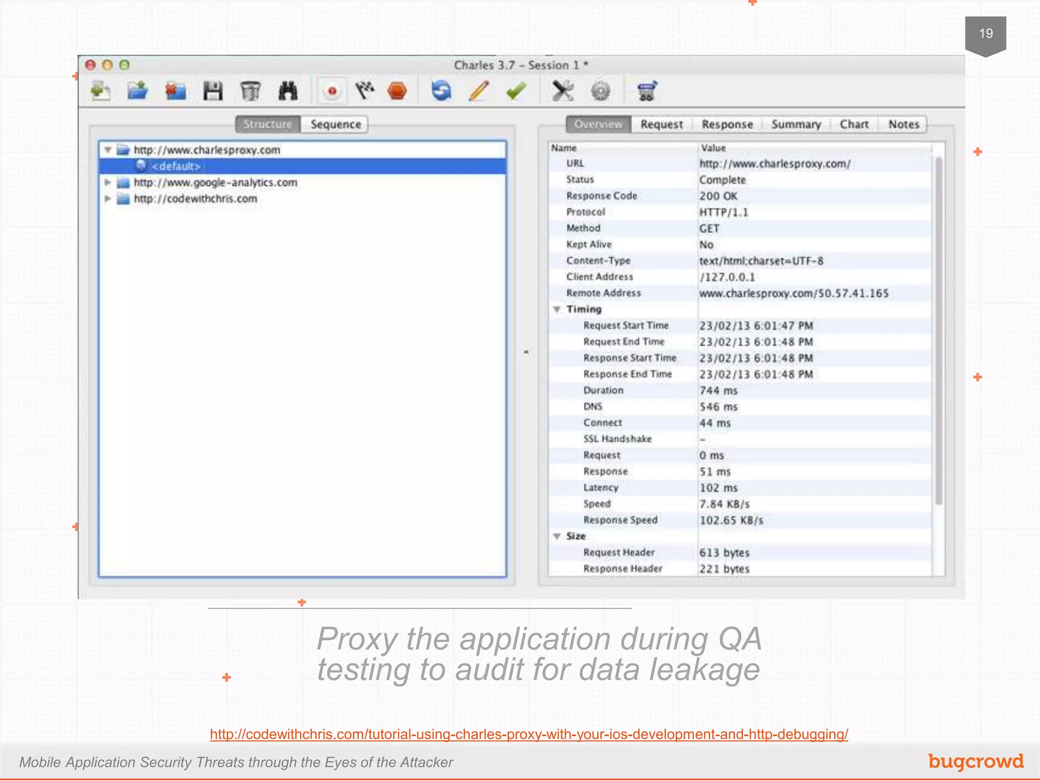 Mobile Application Security Threats through the Eyes of the Attacker
19
Proxy the application during QA testing
to audit for data leakage
http://codewithchris.com/tutorial-using-charles-proxy-with-your-ios-development-and-http-debugging/
 