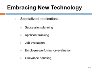Embracing New Technology


Specialized applications


Succession planning



Applicant tracking



Job evaluation



Employee performance evaluation



Grievance handling
2-11

 