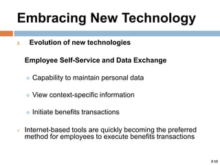 Embracing New Technology
3.

Evolution of new technologies
Employee Self-Service and Data Exchange




View context-specific information





Capability to maintain personal data

Initiate benefits transactions

Internet-based tools are quickly becoming the preferred
method for employees to execute benefits transactions

2-12

 