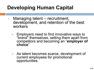Developing Human Capital
1.

Managing talent – recruitment,
development, and retention of the best
workers


Employers need to find innovative ways to
“brand” themselves, setting them apart from
competitors and becoming an “employer of
choice”



As talent becomes scarce, development of
current employees for promotional
opportunities
2-19

 