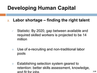 Developing Human Capital
2.

Labor shortage – finding the right talent


Statistic: By 2020, gap between available and
required skilled workers is projected to be 14
million



Use of e-recruiting and non-traditional labor
pools



Establishing selection system geared to
retention: better skills assessment, knowledge,
2-20

 