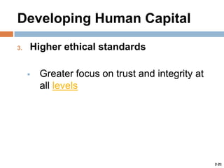 Developing Human Capital
3.

Higher ethical standards


Greater focus on trust and integrity at
all levels

2-21

 