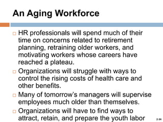 An Aging Workforce








HR professionals will spend much of their
time on concerns related to retirement
planning, retraining older workers, and
motivating workers whose careers have
reached a plateau.
Organizations will struggle with ways to
control the rising costs of health care and
other benefits.
Many of tomorrow’s managers will supervise
employees much older than themselves.
Organizations will have to find ways to
attract, retain, and prepare the youth labor

2-34

 