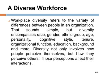 A Diverse Workforce


Workplace diversity refers to the variety of
differences between people in an organization.
That
sounds
simple,
but
diversity
encompasses race, gender, ethnic group, age,
personality,
cognitive
style,
tenure,
organizational function, education, background
and more. Diversity not only involves how
people perceive themselves, but how they
perceive others. Those perceptions affect their
interactions.
2-35

 