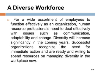 A Diverse Workforce


For a wide assortment of employees to
function effectively as an organization, human
resource professionals need to deal effectively
with issues such as communication,
adaptability and change. Diversity will increase
significantly in the coming years. Successful
organizations recognize the need for
immediate action and are ready and willing to
spend resources on managing diversity in the
workplace now.
2-36

 