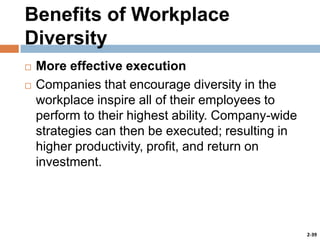 Benefits of Workplace
Diversity



More effective execution
Companies that encourage diversity in the
workplace inspire all of their employees to
perform to their highest ability. Company-wide
strategies can then be executed; resulting in
higher productivity, profit, and return on
investment.

2-39

 