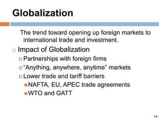 Globalization
The trend toward opening up foreign markets to
international trade and investment.


Impact of Globalization
 Partnerships

with foreign firms
 “Anything, anywhere, anytime” markets
 Lower trade and tariff barriers
 NAFTA, EU, APEC trade agreements
 WTO and GATT

2-6

 