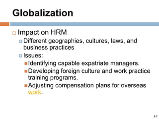 Globalization


Impact on HRM
 Different

geographies, cultures, laws, and
business practices
 Issues:
 Identifying capable expatriate managers.
 Developing foreign culture and work practice
training programs.
 Adjusting compensation plans for overseas
work.

2-7

 