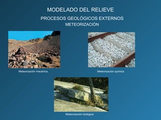 PROCESOS GEOLÓGICOS EXTERNOS
METEORIZACIÓN
Meteorización mecánica. Meteorización química
Meteorización biológica
MODELADO DEL RELIEVE
 