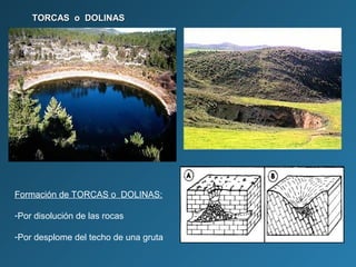 TORCAS o DOLINASTORCAS o DOLINAS
Formación de TORCAS o DOLINAS:
-Por disolución de las rocas
-Por desplome del techo de una gruta
 