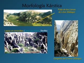 Morfología Kárstica
Garganta del Chorro (Málaga)Garganta del Chorro (Málaga)
Poljé de los LlanosPoljé de los Llanos
de Líbar (Málaga)de Líbar (Málaga)
Lapiaz en torrecillasLapiaz en torrecillas (Cerro del Hierro, Sevilla)
 