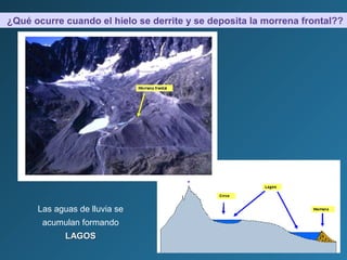 ¿Qué ocurre cuando el hielo se derrite y se deposita la morrena frontal??
Las aguas de lluvia se
acumulan formando
LAGOSLAGOS
 