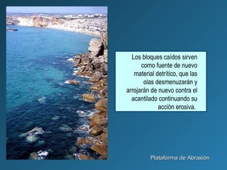 Los bloques caídos sirven
como fuente de nuevo
material detrítico, que las
olas desmenuzarán y
arrojarán de nuevo contra el
acantilado continuando su
acción erosiva.
Plataforma de AbrasiónPlataforma de Abrasión
 