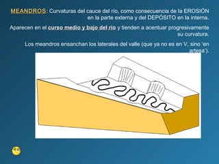 MEANDROSMEANDROS: Curvaturas del cauce del río, como consecuencia de la EROSIÓN
en la parte externa y del DEPÓSITO en la interna.
Aparecen en el curso medio y bajo del ríocurso medio y bajo del río y tienden a acentuar progresivamente
su curvatura.
Los meandros ensanchan los laterales del valle (que ya no es en V, sino ‘en
artesa’).
 