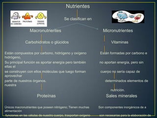 Nutrientes
Se clasifican en
Macronutrientes Micronutrientes
Carbohidratos o glúcidos Vitaminas
Están compuestos por carbono, hidrógeno y oxígeno Están formadas por carbono e
hidrógeno,
Su principal función es aportar energía pero también no aportan energía, pero sin
ellas el
se construyen con ellos moléculas que luego forman cuerpo no sería capaz de
aprovechar
parte de nuestros órganos. determinados elementos de
nuestra
nutrición.
Proteínas Sales minerales
Únicos macronutrientes que poseen nitrógeno; Tienen muchas Son componentes inorgánicos de a
alimentación
funciones en las células de nuestro cuerpo, trasportan oxígeno son necesarias para la elaboración de
 