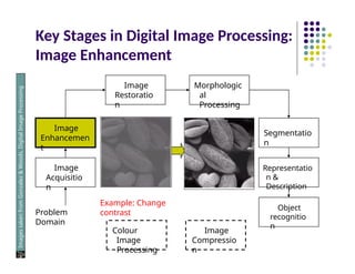 Key Stages in Digital Image Processing:
Image Enhancement
Image
Acquisitio
n
Image
Restoratio
n
Morphologic
al
Processing
Segmentatio
n
Object
recognitio
n
Image
Enhancemen
t
Representatio
n &
Description
Problem
Domain
Colour
Image
Processing
Image
Compressio
n
Images
taken
from
Gonzalez
&
Woods,
Digital
Image
Processing
(2002)
Example: Change
contrast
 