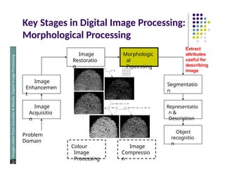 Key Stages in Digital Image Processing:
Morphological Processing
Image
Acquisitio
n
Image
Restoratio
n
Morphologic
al
Processing
Segmentatio
n
Object
recognitio
n
Image
Enhancemen
t
Representatio
n &
Description
Problem
Domain
Colour
Image
Processing
Image
Compressio
n
Images
taken
from
Gonzalez
&
Woods,
Digital
Image
Processing
(2002)
Extract
attributes
useful for
describing
image
 
