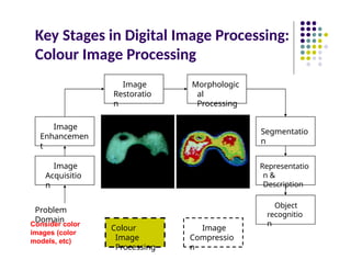 Key Stages in Digital Image Processing:
Colour Image Processing
Image
Acquisitio
n
Image
Restoratio
n
Morphologic
al
Processing
Segmentatio
n
Object
recognitio
n
Image
Enhancemen
t
Representatio
n &
Description
Problem
Domain
Colour
Image
Processing
Image
Compressio
n
Consider color
images (color
models, etc)
 