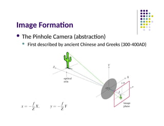 Image Formation
 The Pinhole Camera (abstraction)
 First described by ancient Chinese and Greeks (300 400AD)
‐
 