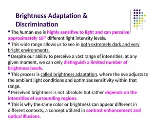 Brightness Adaptation &
Discrimination
The human eye is highly sensitive to light and can perceive
approximately 1010
different light intensity levels.
This wide range allows us to see in both extremely dark and very
bright environments.
Despite our ability to perceive a vast range of intensities, at any
given moment, we can only distinguish a limited number of
brightness levels.
This process is called brightness adaptation, where the eye adjusts to
the ambient light conditions and optimizes sensitivity within that
range.
Perceived brightness is not absolute but rather depends on the
intensities of surrounding regions.
This is why the same color or brightness can appear different in
different contexts, a concept utilized in contrast enhancement and
optical illusions.
 