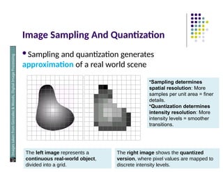 Image Sampling And Quantization
Sampling and quantization generates
approximation of a real world scene
Images
taken
from
Gonzalez
&
Woods,
Digital
Image
Processing
(2002)
The left image represents a
continuous real-world object,
divided into a grid.
The right image shows the quantized
version, where pixel values are mapped to
discrete intensity levels.
•Sampling determines
spatial resolution: More
samples per unit area = finer
details.
•Quantization determines
intensity resolution: More
intensity levels = smoother
transitions.
 