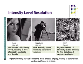 Intensity Level Resolution
Images
taken
from
Gonzalez
&
Woods,
Digital
Image
Processing
(2002)
Low
Detail
Medium
Detail
High
Detail
low number of intensity
levels, resulting in loss
of smooth gradients
and details.
more intensity levels,
preserving better tonal
variations.
highest number of
intensity levels, allowing
for fine details and
smooth gradients.
Higher intensity resolution means more shades of gray, leading to better detail
and smoothness in images.
 