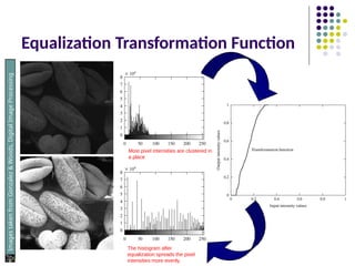 Equalization Transformation Function
Images
taken
from
Gonzalez
&
Woods,
Digital
Image
Processing
(2002)
Most pixel intensities are clustered in
a place
The histogram after
equalization spreads the pixel
intensities more evenly.
 