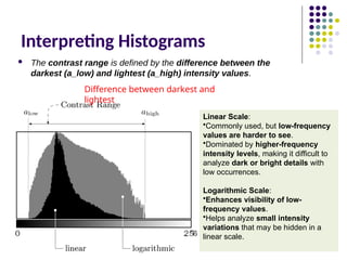 Interpreting Histograms
 The contrast range is defined by the difference between the
darkest (a_low) and lightest (a_high) intensity values.
Difference between darkest and
lightest
Linear Scale:
•Commonly used, but low-frequency
values are harder to see.
•Dominated by higher-frequency
intensity levels, making it difficult to
analyze dark or bright details with
low occurrences.
Logarithmic Scale:
•Enhances visibility of low-
frequency values.
•Helps analyze small intensity
variations that may be hidden in a
linear scale.
 