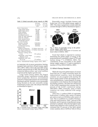 176                                                               ORLEANS MFUNE AND EMMANUEL K. BOON

Table 2: Global renewable energy capacity in 2005.                Renewable energy (includes biomass and
                                        Existing     Growth    hydro) met 14% of the global energy supply in
                                        at end of   rate (%)   2003. This share is projected to remain relatively
                                         2005        in 2005   constant through to 2030 as illustrated in figure 2.
Power Generation
  Large hydro power            750 GW           1.5-2                      2002                      2030
  Small hydro power              66GW               8                                               Renewable
  Wind turbines                  59GW              24                    Renewable
                                                                            14%    Nuclear   Gas       14%
  Biomass Power                  44GW               -                                                      Nuclear
                                                                                     7%      25%             5%
  Geothermal power              9.3GW               3
                                                               Gas
  Solar PV grid connected       3.1GW              55
                                                               21%
  Solar PV, off-grid            2.3GW              15
  Solar thermal power           0.4GW               -
  Ocean(tidal power)            0.3GW               -
Hot water/heating                                                                      Oil                    Oil
  Biomass heating             220GWth                                                 35%    Coal            34%
  Solar collectors             88GWth                             Coal                       22%
  Geothermal heating           28GWth               9             23%
Transport fuel                                                 Fig. 2. Share of renewable energy in the global
  Ethanol production     33 billion litres/year     8          energy supply (2002-2030)
  Bio diesel production 3.9 billion litres/year 8 5            Source: United Nations Department of Economic and
Rural (Off-grid Energy)                                        Social Affairs (UNDESA, 2005)
  Biomass cooking stoves
    in use                   570 million            -
  Household –scale biogas                                          Fossil fuel which is expected to continue
    digesters in use         21 million,            -          dominating the global supply of energy in the
  Household scale solar                                        projected period, contributes a share of 79% and
     PV in use               2.4 million            -          nuclear energy 7 % (UNDESA, 2005). The
Source: International Energy Agency (IEA, 2007)                contribution of new renewables to the global
                                                               energy supply stands at 1 % and is expected to
an important role in power generation, heating,                increase to 2% by 2030 (UNDESA, 2005).
transport fuels and rural off-grid energy supply
(IEA, 2007). Table 2 shows the renewable energy                1.1 Africa’s Energy Situation
capacity and growth rate in 2005. Bio-diesel, grid
connected photovoltaic and wind turbines                           While the long-term global impact of current
experienced the highest growth rates.                          fossil fuel use is a major worrisome factor for
    Large hydro power makes the largest                        industrialised countries, most developing
renewable energy contribution towards global                   countries are pre-occupied with meeting the
power production. However, environmental                       barest energy needs of their developing econo-
concerns of large hydro projects are increasingly              mies and populations. A great disparity in energy
blocking its growth. Attention is now increasingly             consumption exists between the developed and
being focused on the new renewable energy                      developing countries. The latter have 80 percent
technologies (wind, solar, tide and geo-thermal)               of the world’s population but consume only 30
as illustrated in figure 1.                                    percent of the world’s commercial energy
                         50                                    (RECIPES, 2006). Ironically, many of these
                              Series1                          countries are richly endowed with energy
Annual growth rate (%)




                         40                                    resources.
                                                                   Africa has 1.1 million GWH of exploitable
                         30                                    hydro-power, 8 billion cubic meters of natural
                                                               gas reserves and over 60 billion cubic meters of
                         20                                    coal. This is in addition to a wealth of biomass,
                                                               solar and wind resources. Only 7 percent of the
                         10
                                                               hydraulic and 0.6 percent of geothermal energy
                         0
                                                               potential is exploited. Africa has the highest mean
       Geothermal Solar         Wind       Tide                annual solar radiation in the world per year. It is
Fig. 1. Growth of new renewables supply 1971-2004              estimated that 95 percent of the daily global
Source: International Energy Agency (2007)                     winter sunshine above 6 KWh/m2 falls in Africa
 