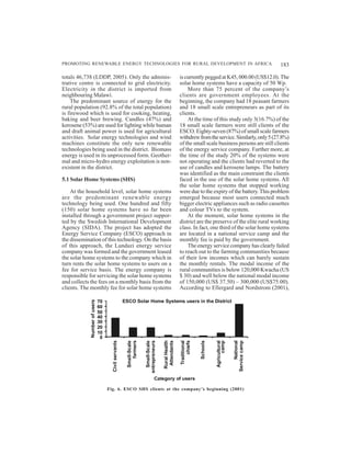 PROMOTING RENEWABLE ENERGY TECHNOLOGIES FOR RURAL DEVELOPMENT IN AFRICA                                                                                      183

totals 46,738 (LDDP, 2005). Only the adminis-                                                         is currently pegged at K45, 000.00 (US$12.0). The
trative centre is connected to grid electricity.                                                      solar home systems have a capacity of 50 Wp.
Electricity in the district is imported from                                                              More than 75 percent of the company’s
neighbouring Malawi.                                                                                  clients are government employees. At the
    The predominant source of energy for the                                                          beginning, the company had 18 peasant farmers
rural population (92.8% of the total population)                                                      and 18 small scale entrepreneurs as part of its
is firewood which is used for cooking, heating,                                                       clients.
baking and beer brewing. Candles (47%) and                                                                At the time of this study only 3(16.7%) of the
kerosene (53%) are used for lighting while human                                                      18 small scale farmers were still clients of the
and draft animal power is used for agricultural                                                       ESCO. Eighty-seven (87%) of small scale farmers
activities. Solar energy technologies and wind                                                        withdrew from the service. Similarly, only 5 (27.8%)
machines constitute the only new renewable                                                            of the small scale business persons are still clients
technologies being used in the district. Biomass                                                      of the energy service company. Further more, at
energy is used in its unprocessed form. Geother-                                                      the time of the study 20% of the systems were
mal and micro-hydro energy exploitation is non-                                                       not operating and the clients had reverted to the
existent in the district.                                                                             use of candles and kerosene lamps. The battery
                                                                                                      was identified as the main constraint the clients
5.1 Solar Home Systems (SHS)                                                                          faced in the use of the solar home systems. All
                                                                                                      the solar home systems that stopped working
    At the household level, solar home systems                                                        were due to the expiry of the battery. This problem
are the predominant renewable energy                                                                  emerged because most users connected much
technology being used. One hundred and fifty                                                          bigger electric appliances such as radio cassettes
(150) solar home systems have so far been                                                             and colour TVs to the system.
installed through a government project suppor-                                                            At the moment, solar home systems in the
ted by the Swedish International Development                                                          district are the preserve of the elite rural working
Agency (SIDA). The project has adopted the                                                            class. In fact, one third of the solar home systems
Energy Service Company (ESCO) approach in                                                             are located in a national service camp and the
the dissemination of this technology. On the basis                                                    monthly fee is paid by the government.
of this approach, the Lundazi energy service                                                              The energy service company has clearly failed
company was formed and the government leased                                                          to reach out to the farming communities because
the solar home systems to the company which in                                                        of their low incomes which can barely sustain
turn rents the solar home systems to users on a                                                       the monthly rentals. The modal income of the
fee for service basis. The energy company is                                                          rural communities is below 120,000 Kwacha (US
responsible for servicing the solar home systems                                                      $ 30) and well below the national modal income
and collects the fees on a monthly basis from the                                                     of 150,000 (US$ 37.50) – 300,000 (US$75.00).
clients. The monthly fee for solar home systems                                                       According to Ellergard and Nordstrom (2001),

                                                       ESCO Solar Home Systems users in the District
             Number of users




                               70
                               60
                               50
                               40
                               30
                               20
                               10
                                0
                                      Civil servants



                                                            farmers


                                                                       entrepreneurs


                                                                                        Attendants
                                                                                       Rural Health



                                                                                                          chiefs


                                                                                                                    Schools
                                                                                                      Traditional




                                                                                                                              Agricultural


                                                                                                                                                  National
                                                         Small-Scale


                                                                         Small-Scale




                                                                                                                                    camp


                                                                                                                                             Service camp




                                                                                 Category of users

                                    Fig. 6. ESCO SHS clients at the company’s beginning (2001)
 