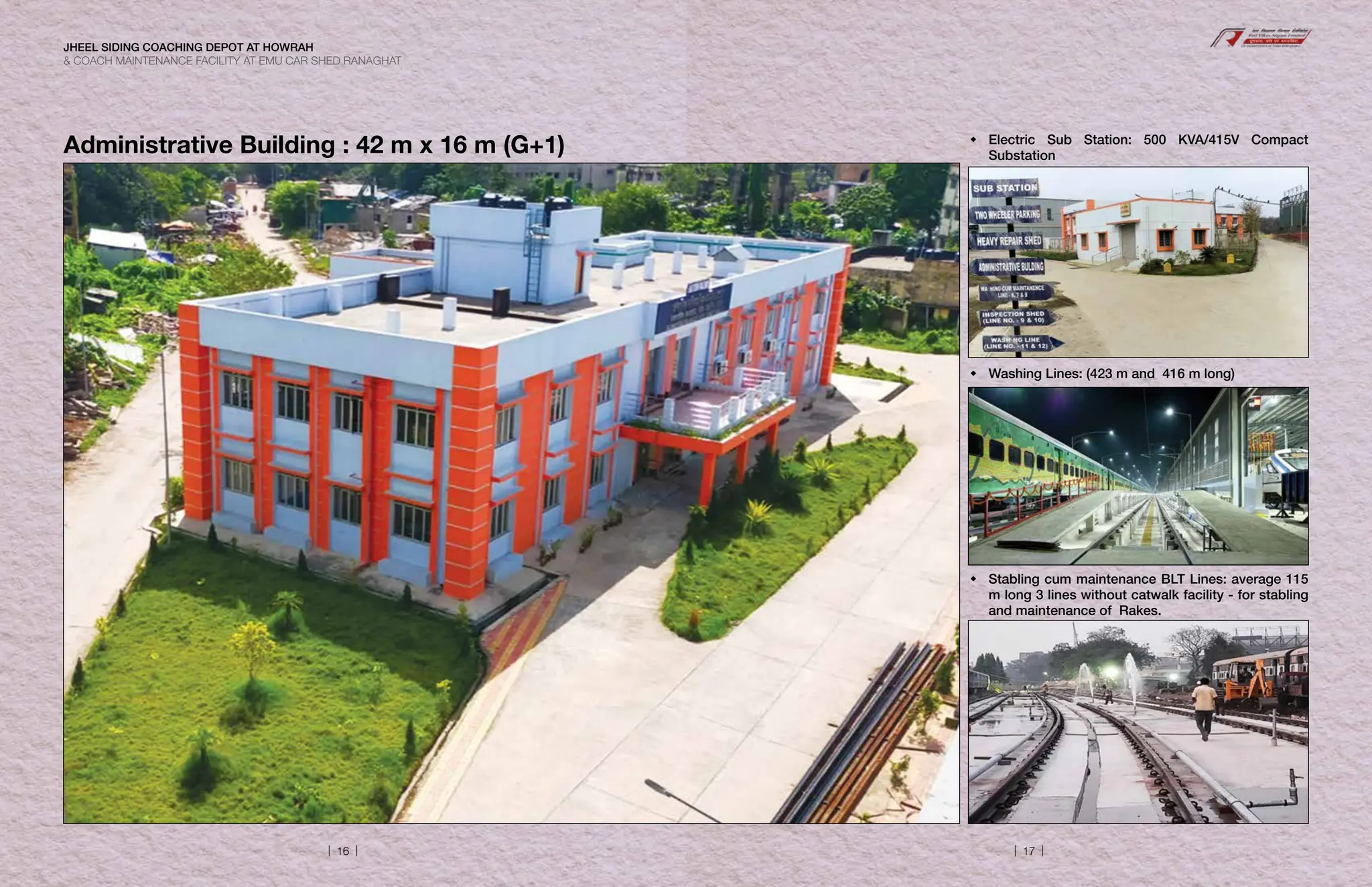 Administrative Building : 42 m x 16 m (G+1) 	
Electric Sub Station: 500 KVA/415V Compact
Substation
	
Washing Lines: (423 m and 416 m long)
	
Stabling cum maintenance BLT Lines: average 115
m long 3 lines without catwalk facility - for stabling
and maintenance of Rakes.
JHEEL SIDING COACHING DEPOT AT HOWRAH
 COACH MAINTENANCE FACILITY AT EMU CAR SHED RANAGHAT
| 16 | | 17 |
 