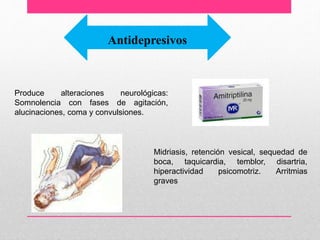 Produce alteraciones neurológicas:
Somnolencia con fases de agitación,
alucinaciones, coma y convulsiones.
Antidepresivos
Midriasis, retención vesical, sequedad de
boca, taquicardia, temblor, disartria,
hiperactividad psicomotriz. Arritmias
graves
 