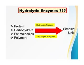  Protein
 Carbohydrate
 Fat molecules
 Polymers
Simplest
Units
Hydrolysis Process
Hydrolytic Enzymes ???
Hydrolytic enzymes
 