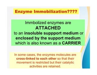 Enzyme Immobilization????
Immbolized enzymes are
ATTACHED
to an insoluble suppport medium or
enclosed by the support medium
which is also known as a CARRIER
In some cases, the enzymes molecules are
cross-linked to each other so that their
movement is restricted but their catalytic
activities are retained.
 