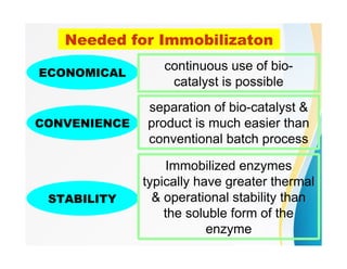 Needed for Immobilizaton
ECONOMICAL
CONVENIENCE
STABILITY
continuous use of bio-
catalyst is possible
separation of bio-catalyst &
product is much easier than
conventional batch process
Immobilized enzymes
typically have greater thermal
& operational stability than
the soluble form of the
enzyme
 
