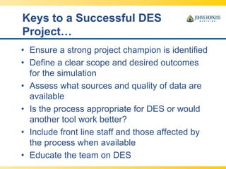 Keys to a Successful DES
Project…
• Ensure a strong project champion is identified
• Define a clear scope and desired outcomes
for the simulation
• Assess what sources and quality of data are
available
• Is the process appropriate for DES or would
another tool work better?
• Include front line staff and those affected by
the process when available
• Educate the team on DES
 