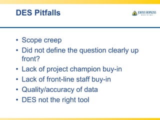 DES Pitfalls
• Scope creep
• Did not define the question clearly up
front?
• Lack of project champion buy-in
• Lack of front-line staff buy-in
• Quality/accuracy of data
• DES not the right tool
 
