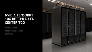 28
NVIDIA TENSORRT
10X BETTER DATA
CENTER TCO
160 CPU servers
45,000 images / second
65 KWatts
 