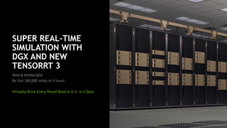 48
SUPER REAL-TIME
SIMULATION WITH
DGX AND NEW
TENSORRT 3
With 8 NVIDIA DGX
Re-Sim 300,000 miles in 5 hours
Virtually Drive Every Paved Road in U.S. in 2 Days
 