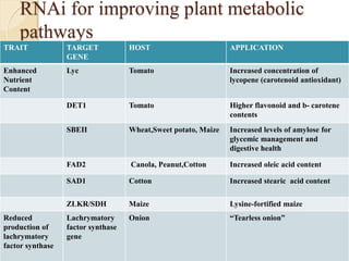 RNAi for improving plant metabolic
pathways
TRAIT TARGET
GENE
HOST APPLICATION
Enhanced
Nutrient
Content
Lyc Tomato Increased concentration of
lycopene (carotenoid antioxidant)
DET1 Tomato Higher flavonoid and b- carotene
contents
SBEII Wheat,Sweet potato, Maize Increased levels of amylose for
glycemic management and
digestive health
FAD2 Canola, Peanut,Cotton Increased oleic acid content
SAD1 Cotton Increased stearic acid content
ZLKR/SDH Maize Lysine-fortified maize
Reduced
production of
lachrymatory
factor synthase
Lachrymatory
factor synthase
gene
Onion “Tearless onion”
 