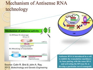 Mechanism of Antisense RNA
technology
Antisense RNA is introduced in a cell
to inhibit the transalation machinery
by base pairing with the sense RNA
and activating the RNAase H, to
develop a particular novel transgenic
Source- Colin R. Bird & John A. Ray.
2013. Biotechnology and Genetic Engineering
 