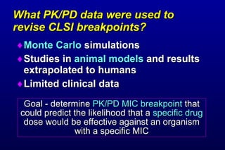 What PK/PD data were used to revise CLSI breakpoints? Monte Carlo simulations Studies in animal models and results extrapolated to humans Limited clinical data Goal - determine PK/PD MIC breakpoint that could predict the likelihood that a specific drug dose would be effective against an organism with a specific MIC