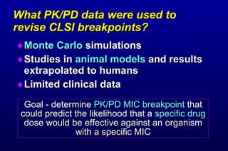 What PK/PD data were used to  revise CLSI breakpoints? <ul><li>Monte Carlo  simulations </li></ul><ul><li>Studies in  anim...