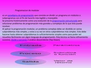 Programacion de modular

es un paradigma de programación que consiste en dividir un programa en módulos o
subprogramas con el fin de hacerlo más legible y manejable.
Se presenta históricamente como una evolución de la programación estructurada para
solucionar problemas de programación más grandes y complejos de lo que ésta puede
resolver.
Al aplicar la programación modular, un problema complejo debe ser dividido en varios
subproblemas más simples, y estos a su vez en otros subproblemas más simples. Esto debe
hacerse hasta obtener subproblemas lo suficientemente simples como para poder ser
resueltos fácilmente con algún lenguaje de programación. Ésta técnica se llama refinamiento
sucesivo, divide y vencerás ó análisis descendente (Top-Down).
 
