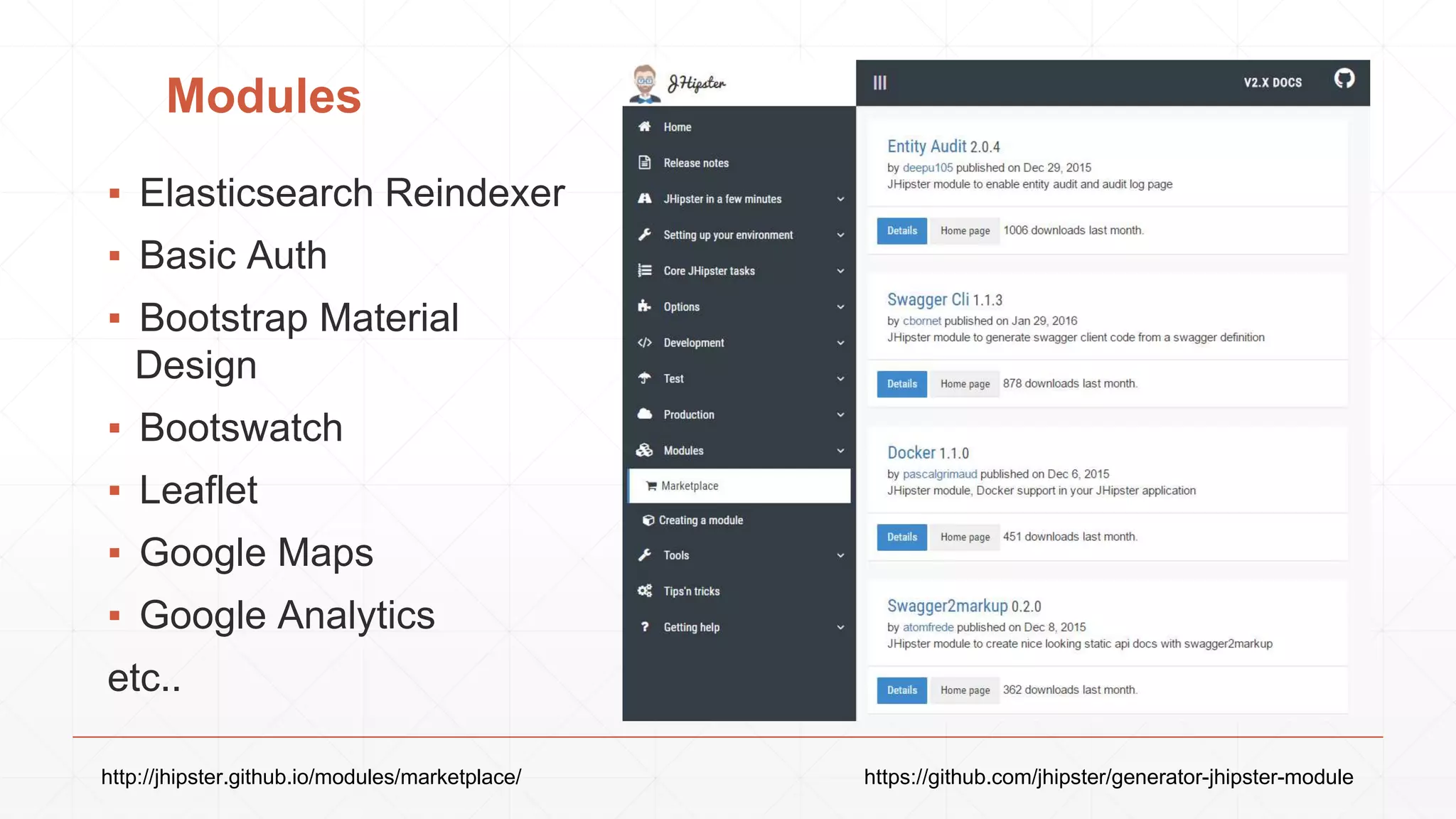 Modules
▪ Elasticsearch Reindexer
▪ Basic Auth
▪ Bootstrap Material
Design
▪ Bootswatch
▪ Leaflet
▪ Google Maps
▪ Google Analytics
etc..
http://jhipster.github.io/modules/marketplace/ https://github.com/jhipster/generator-jhipster-module
 