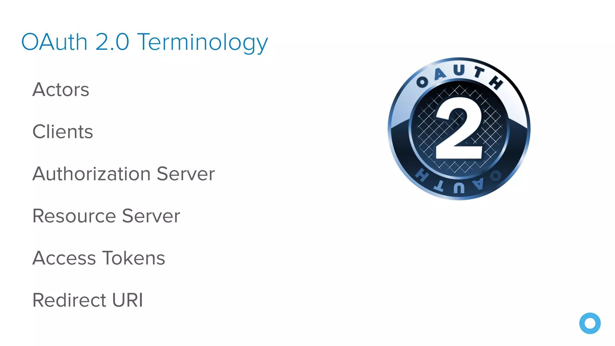 OAuth 2.0 Terminology
Actors
Clients
Authorization Server
Resource Server
Access Tokens
Redirect URI
 