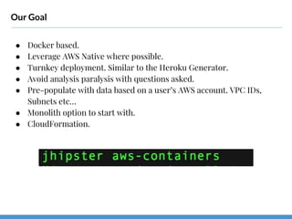 Our Goal
● Docker based.
● Leverage AWS Native where possible.
● Turnkey deployment. Similar to the Heroku Generator.
● Avoid analysis paralysis with questions asked.
● Pre-populate with data based on a user’s AWS account. VPC IDs,
Subnets etc…
● Monolith option to start with.
● CloudFormation.
 