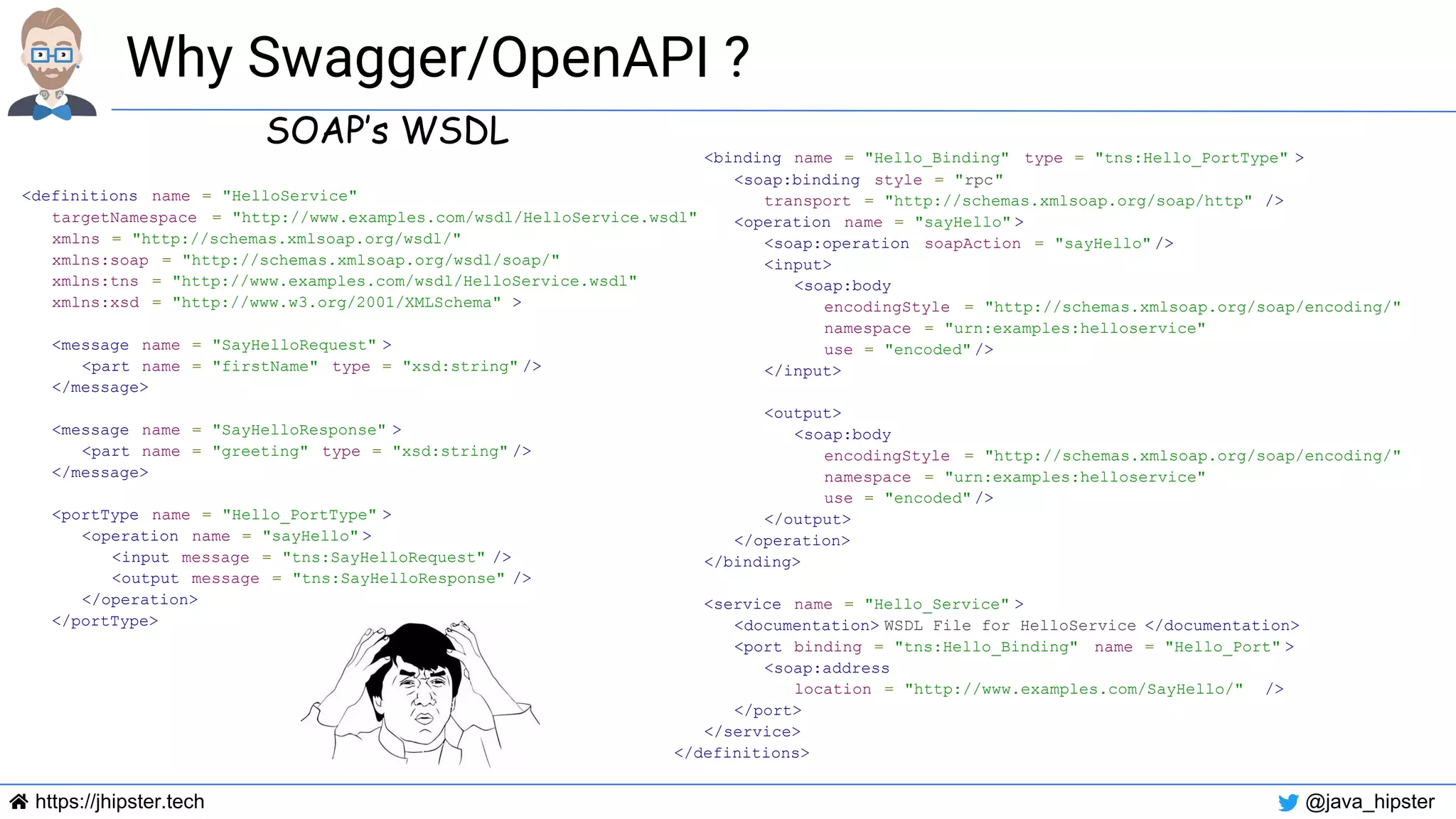 https://jhipster.tech @java_hipster
Why Swagger/OpenAPI ?
SOAP’s WSDL
<definitions name = "HelloService"
targetNamespace = "http://www.examples.com/wsdl/HelloService.wsdl"
xmlns = "http://schemas.xmlsoap.org/wsdl/"
xmlns:soap = "http://schemas.xmlsoap.org/wsdl/soap/"
xmlns:tns = "http://www.examples.com/wsdl/HelloService.wsdl"
xmlns:xsd = "http://www.w3.org/2001/XMLSchema" >
<message name = "SayHelloRequest" >
<part name = "firstName" type = "xsd:string" />
</message>
<message name = "SayHelloResponse" >
<part name = "greeting" type = "xsd:string" />
</message>
<portType name = "Hello_PortType" >
<operation name = "sayHello" >
<input message = "tns:SayHelloRequest" />
<output message = "tns:SayHelloResponse" />
</operation>
</portType>
<binding name = "Hello_Binding" type = "tns:Hello_PortType" >
<soap:binding style = "rpc"
transport = "http://schemas.xmlsoap.org/soap/http" />
<operation name = "sayHello" >
<soap:operation soapAction = "sayHello" />
<input>
<soap:body
encodingStyle = "http://schemas.xmlsoap.org/soap/encoding/"
namespace = "urn:examples:helloservice"
use = "encoded" />
</input>
<output>
<soap:body
encodingStyle = "http://schemas.xmlsoap.org/soap/encoding/"
namespace = "urn:examples:helloservice"
use = "encoded" />
</output>
</operation>
</binding>
<service name = "Hello_Service" >
<documentation> WSDL File for HelloService </documentation>
<port binding = "tns:Hello_Binding" name = "Hello_Port" >
<soap:address
location = "http://www.examples.com/SayHello/" />
</port>
</service>
</definitions>
 
