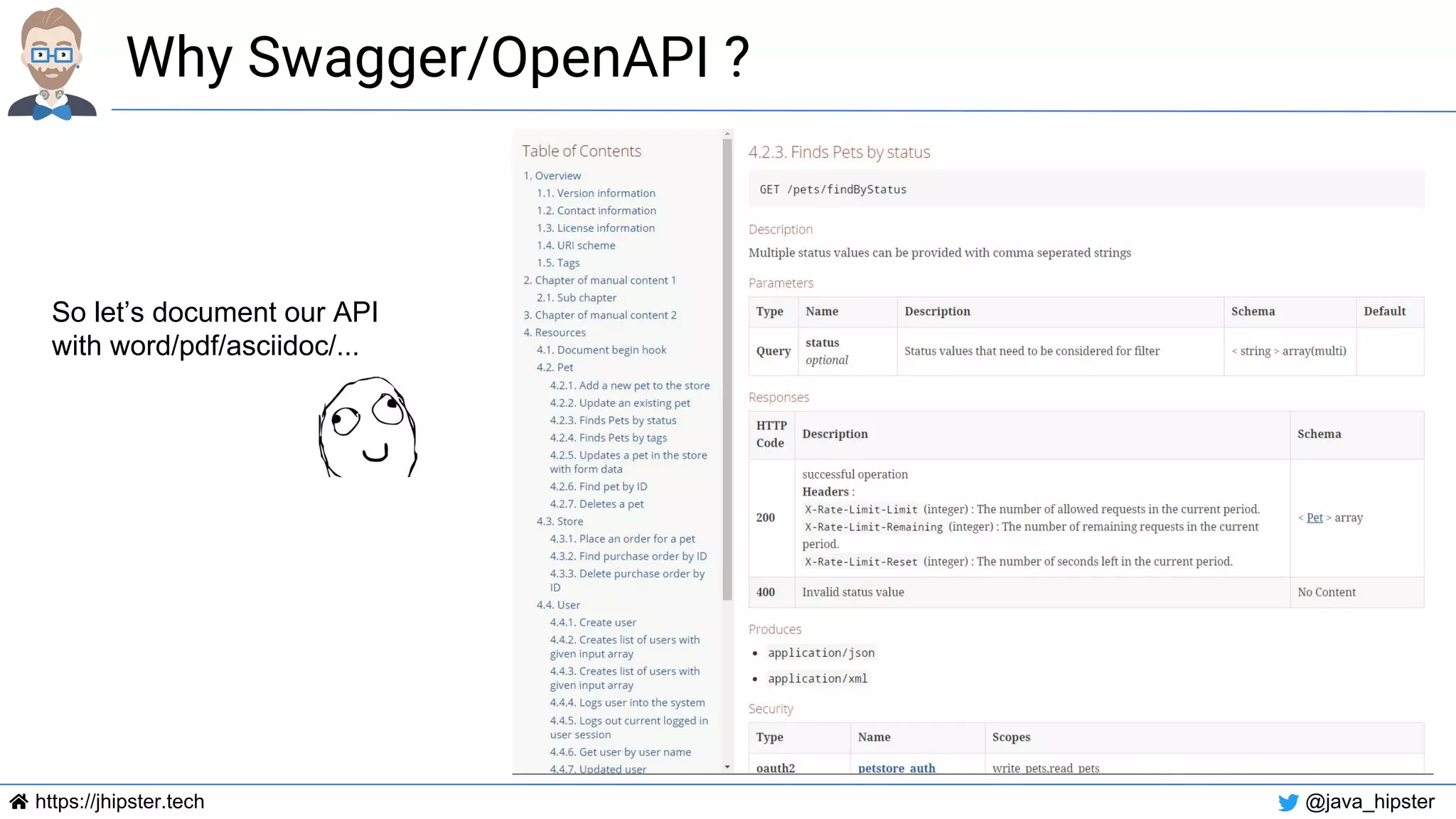 https://jhipster.tech @java_hipster
Why Swagger/OpenAPI ?
So let’s document our API
with word/pdf/asciidoc/...
 