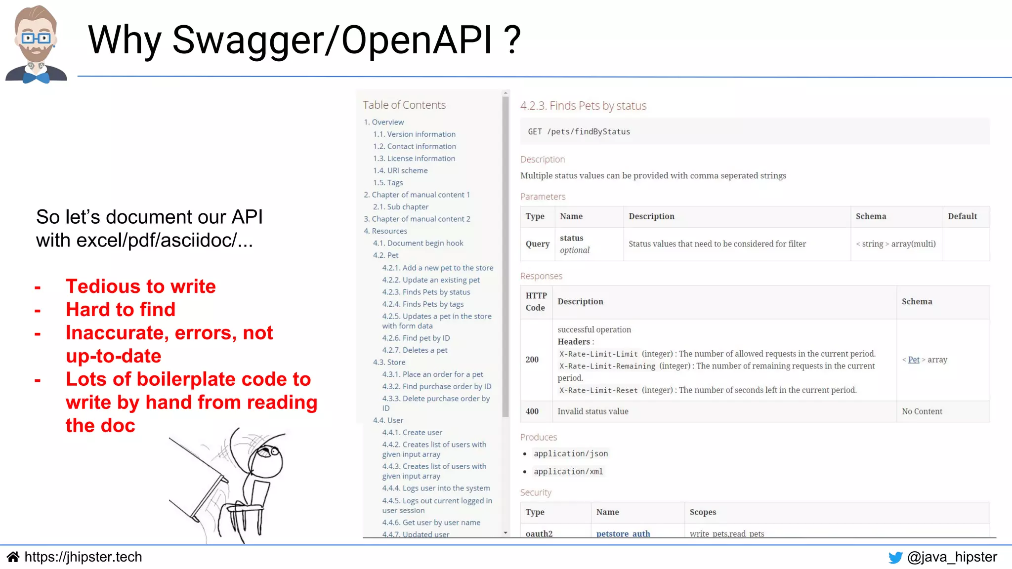 https://jhipster.tech @java_hipster
Why Swagger/OpenAPI ?
So let’s document our API
with excel/pdf/asciidoc/...
- Tedious to write
- Hard to find
- Inaccurate, errors, not
up-to-date
- Lots of boilerplate code to
write by hand from reading
the doc
 